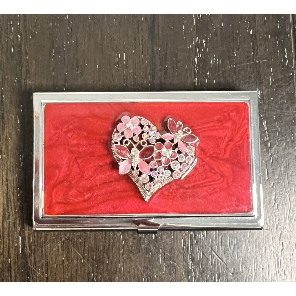 Spring Street Silver Tone Enamel Red Valentine Butterfly Rhinestone Card Holder